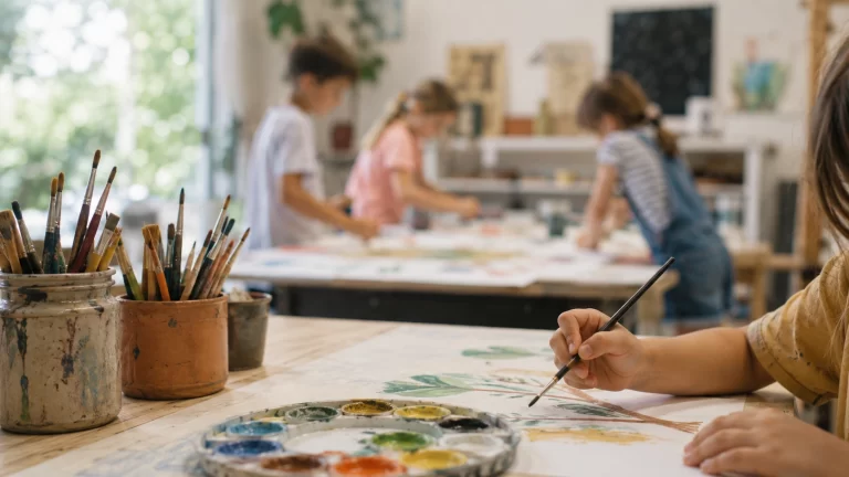Infants participant en un casal d’estiu artístic a Santa Coloma de Gramenet, amb materials de pintura i un ambient creatiu.